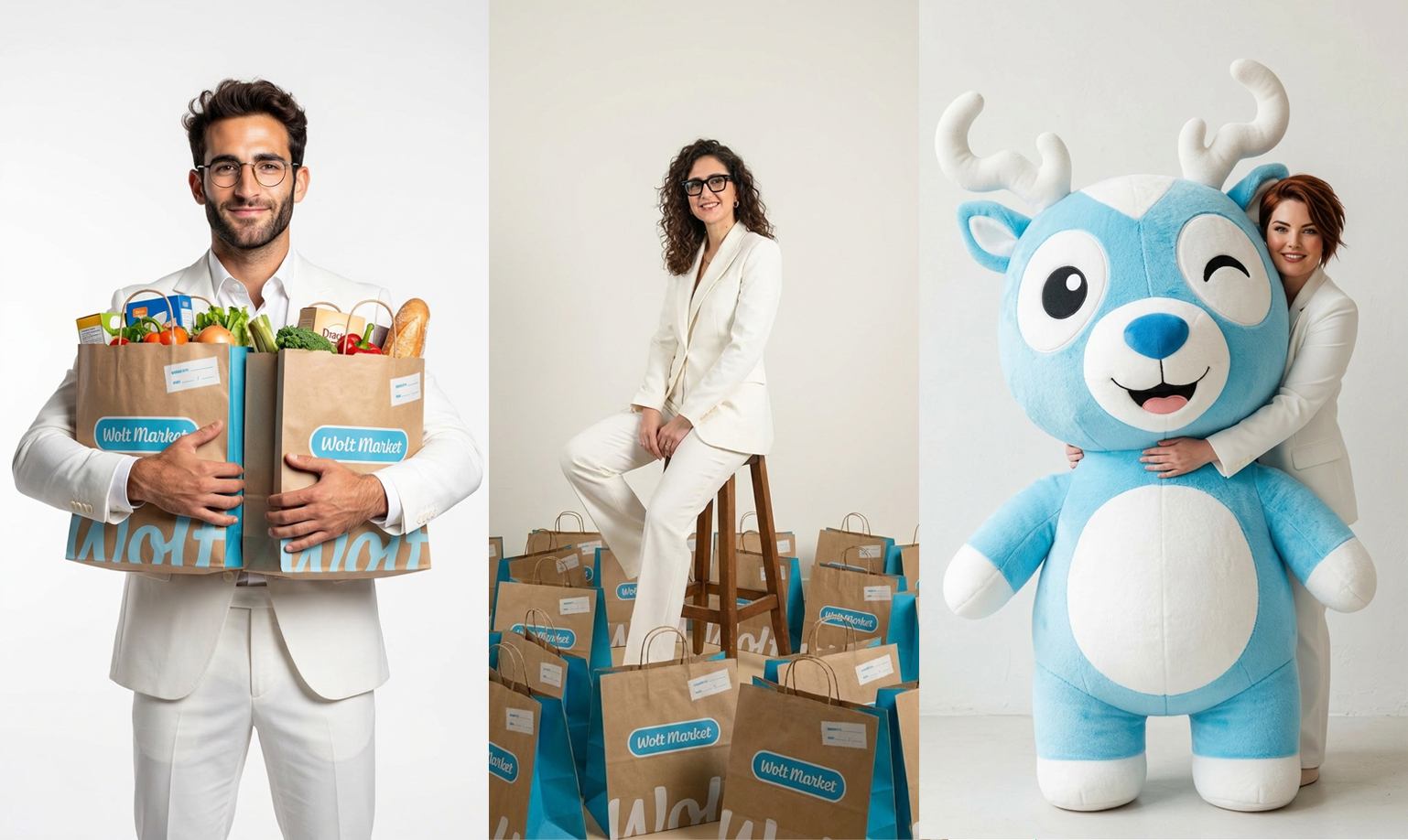 Wolt Market — תוצרים: שלוש תמונות שנוצרו ב-AI עם שקיות וולט מרקט והקמע של המותג
